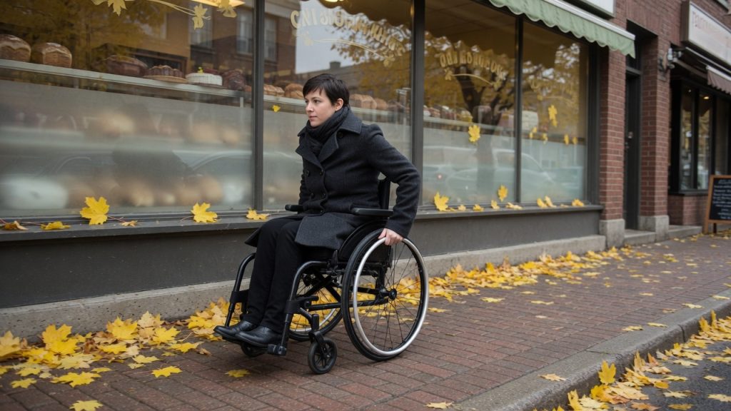 A person using a manual wheelchair on a sidewalk in autumn